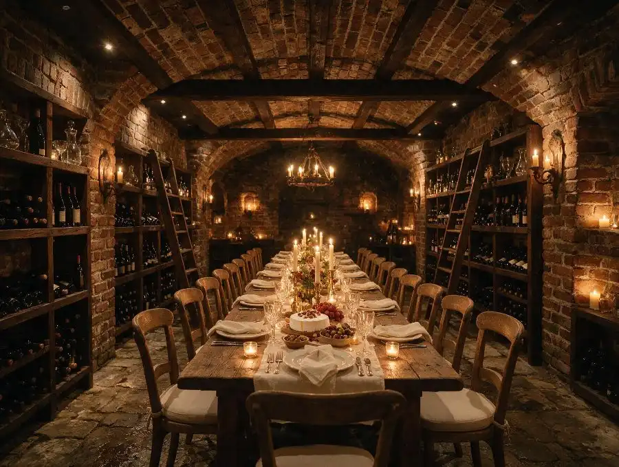 The Cellar set for a long-table dinner