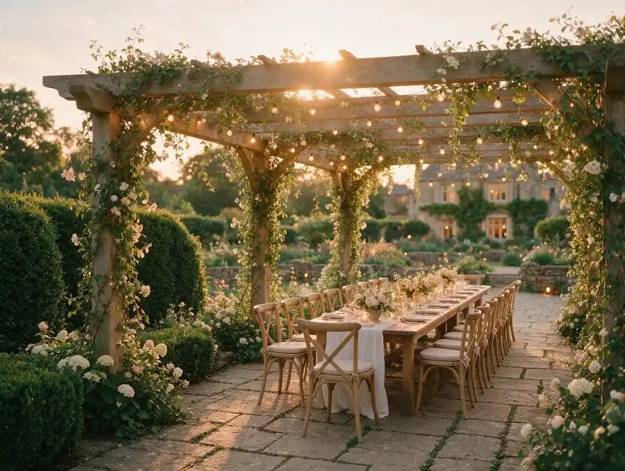 Garden Terrace pergola under string lights